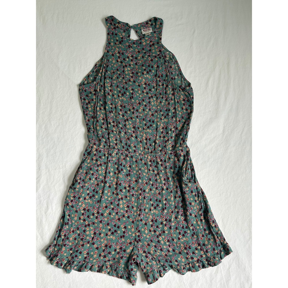 Mossimo Supply Co Womens Floral Romper XS Teal Green Halter Neck Ruffle Pockets